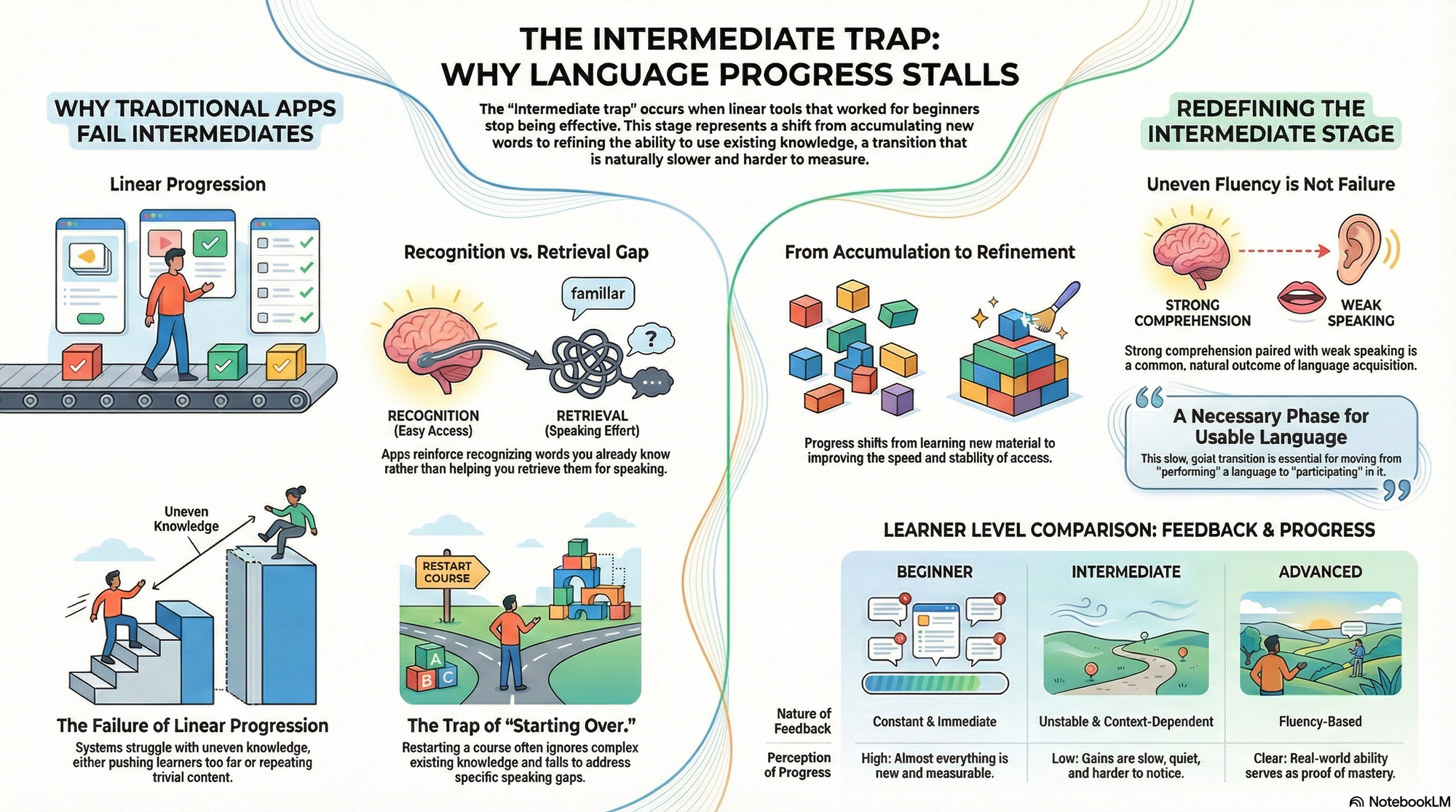 An infographic that explains the intermediate trap, the stage in language learning when progress stalls and motivation drops