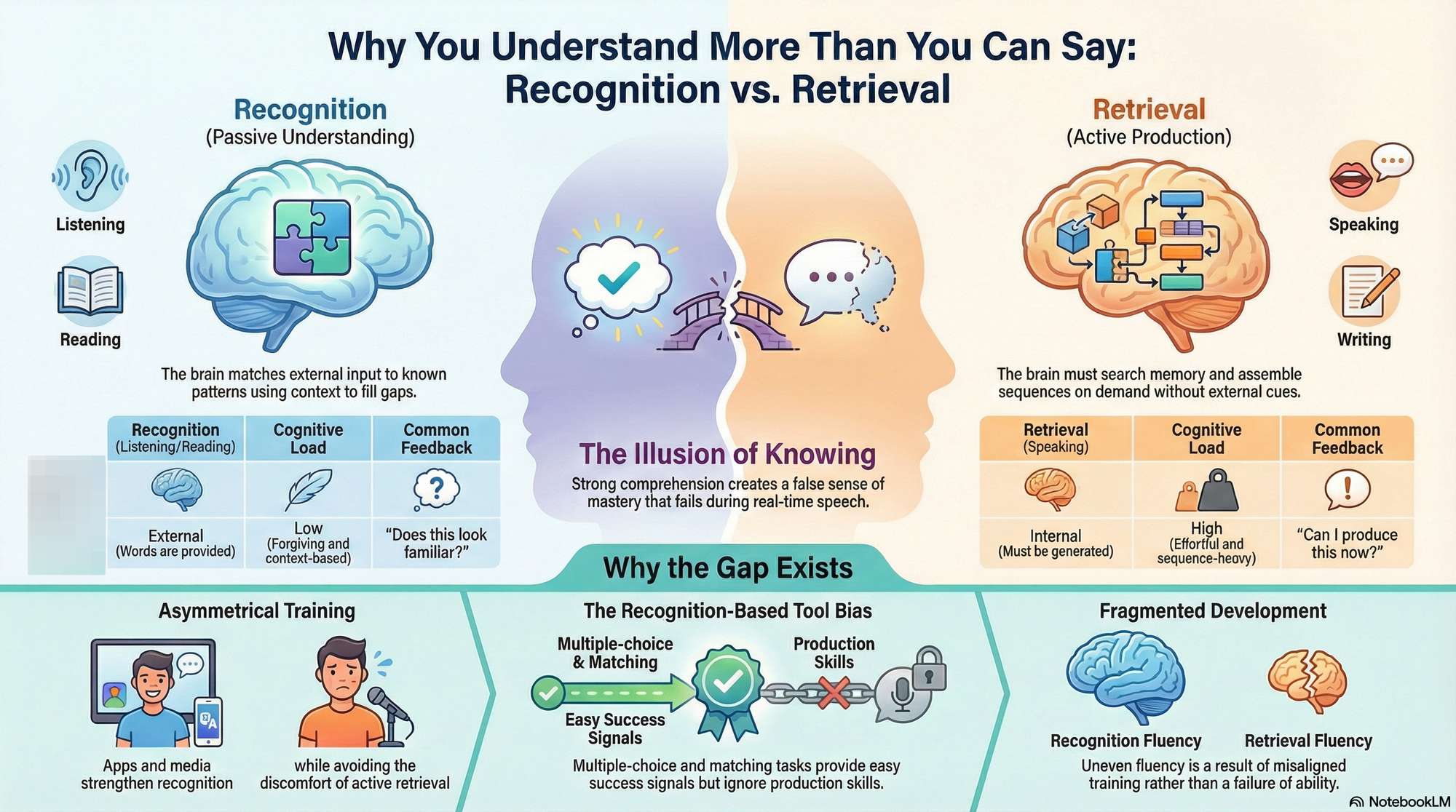 An infographic showing the misalignment between understanding a language and being able to speak it, explaining why this happens